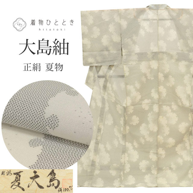【中古】 大島紬 着物 正絹 リサイクル 身丈167cm LL 裄68.5cm 夏 白大島紬 仕立て上がり グレー色系 雪輪文様 【 紬 紬の着物 リサイクル紬 正絹 袷 紬 着物 中古 古着 アウトレット 送料無料】uu0731b