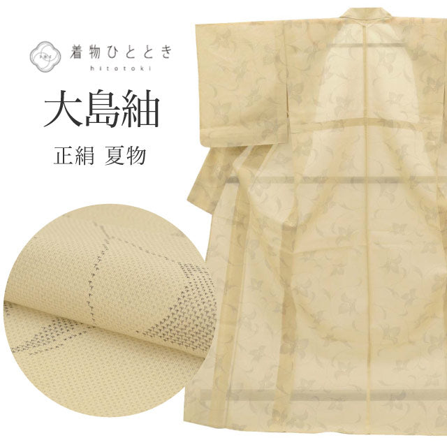 【中古】 大島紬 着物 正絹 リサイクル 身丈164.5cm L 裄62.5cm 白大島紬 夏 仕立て上がり ベージュ色系 花唐草文様 【 紬 紬の着物 リサイクル紬 正絹 袷 紬 着物 中古 古着 アウトレット 送料無料】uu0732b