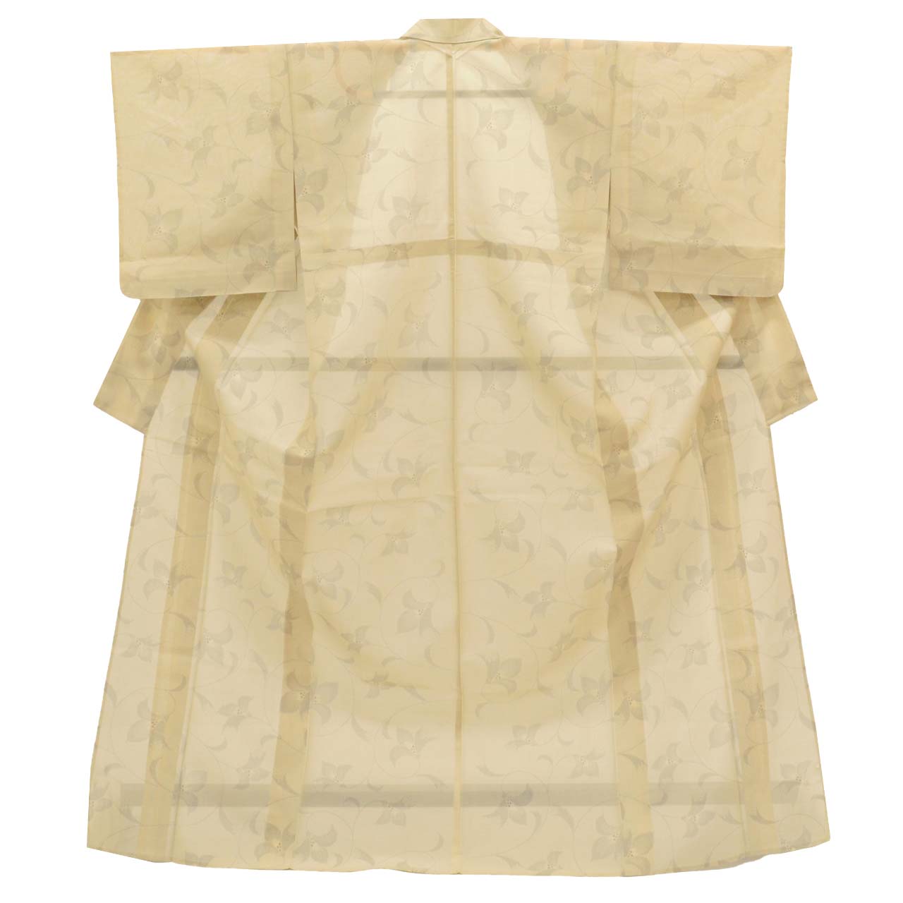 Vintage Japanese Kimono | Summer Shiro Oshima Tsumugi | Beige Silk | Floral Arabesque | 7-thread | Kata-su | Size L | Sustainable | uu0732b