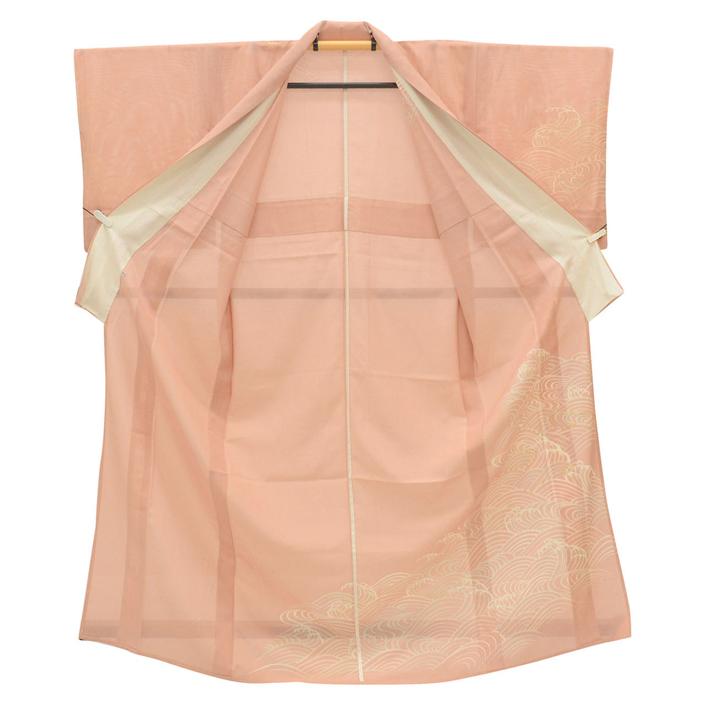 Vintage Japanese Kimono | Summer Houmongi | Pink Silk Ro | Wave Pattern | Gold Embroidery | Size M | Sustainable | uu0737b