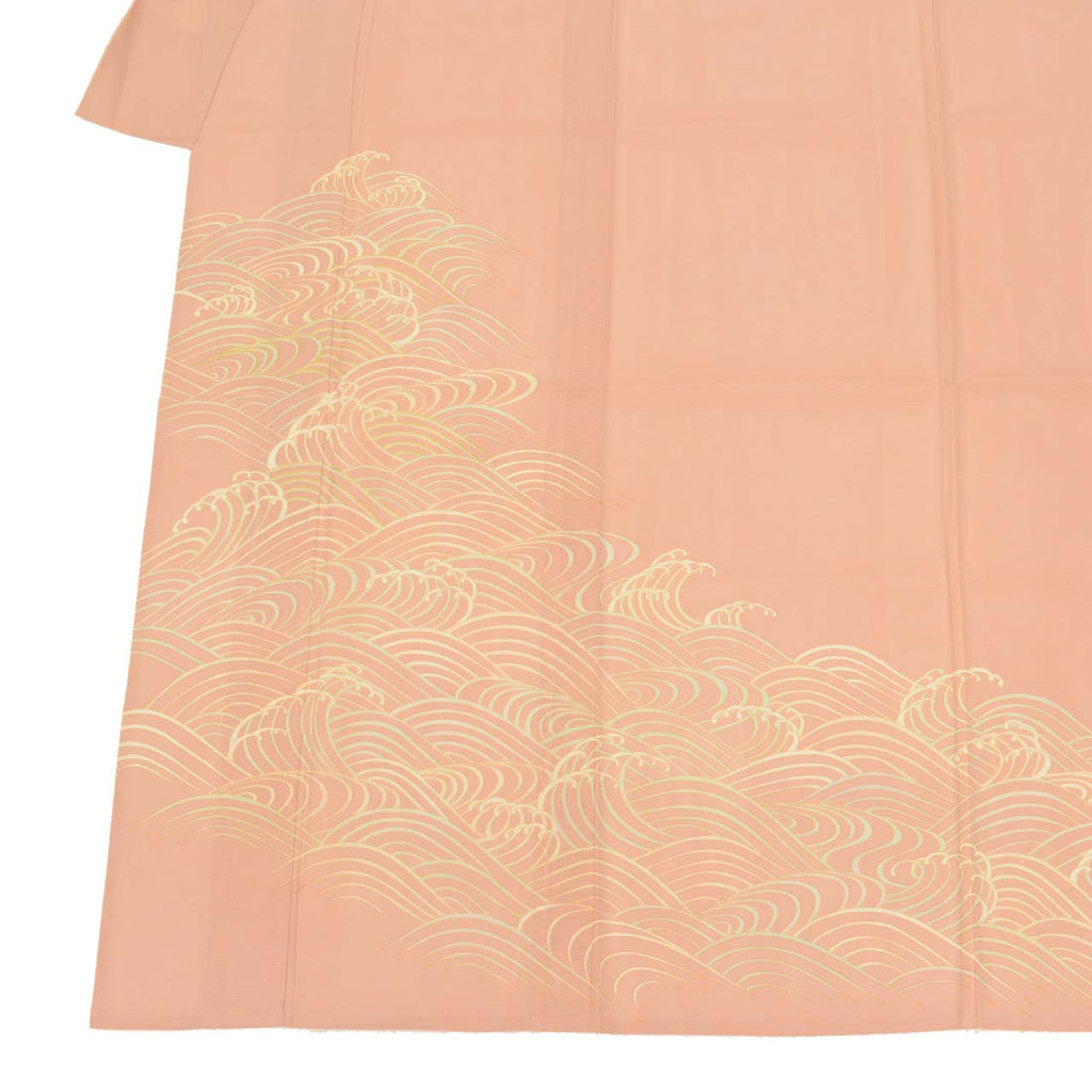 Vintage Japanese Kimono | Summer Houmongi | Pink Silk Ro | Wave Pattern | Gold Embroidery | Size M | Sustainable | uu0737b