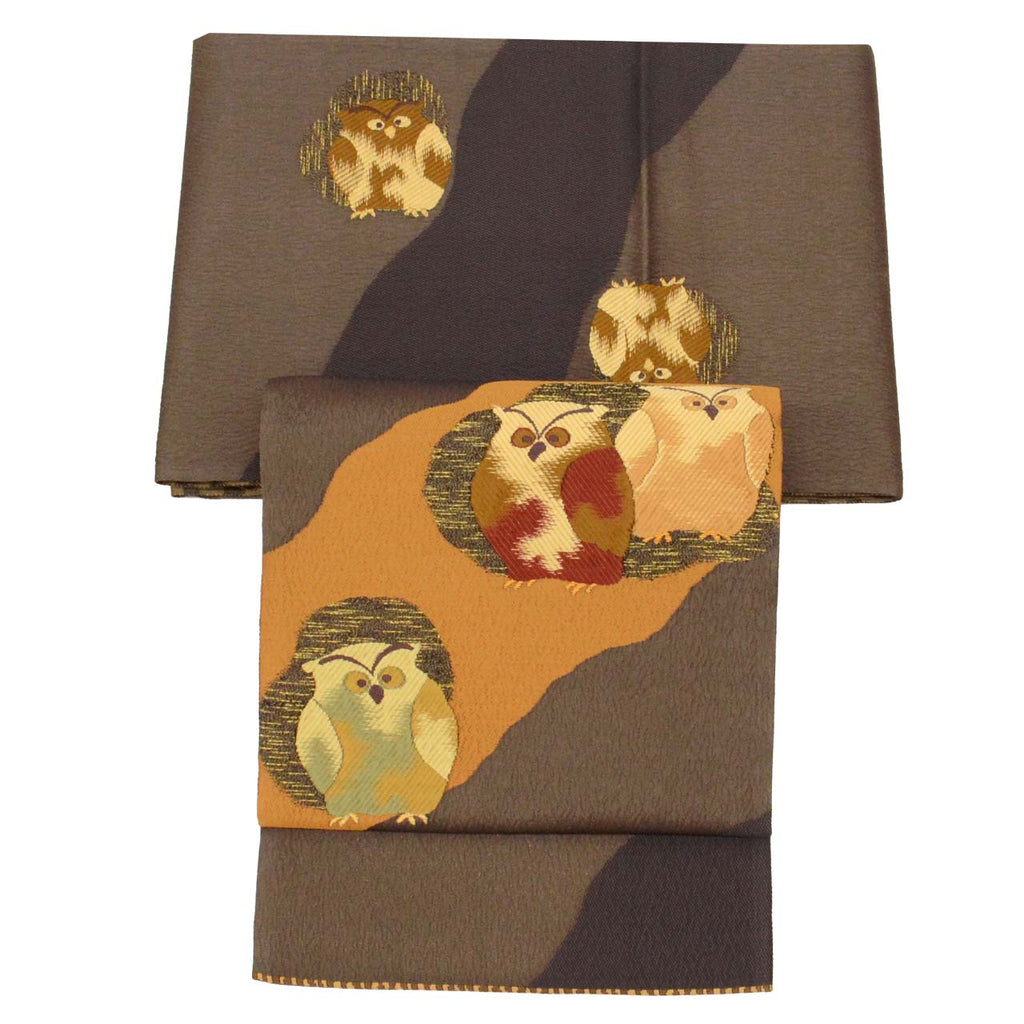 Vintage Japanese Obi | Sha-re Fukuro Obi | Brown Silk | Owl Pattern | Nishijin Nagi-ori Certified | Otaiko | Sustainable | uu0752b
