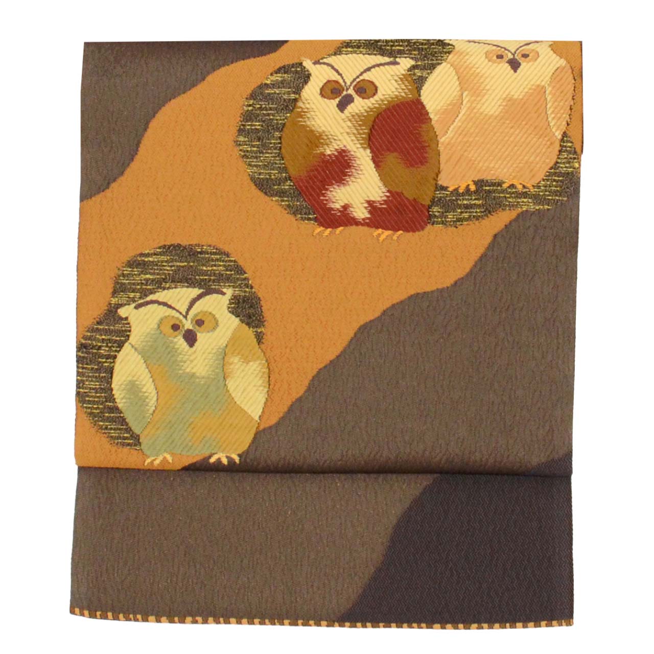 Vintage Japanese Obi | Sha-re Fukuro Obi | Brown Silk | Owl Pattern | Nishijin Nagi-ori Certified | Otaiko | Sustainable | uu0752b