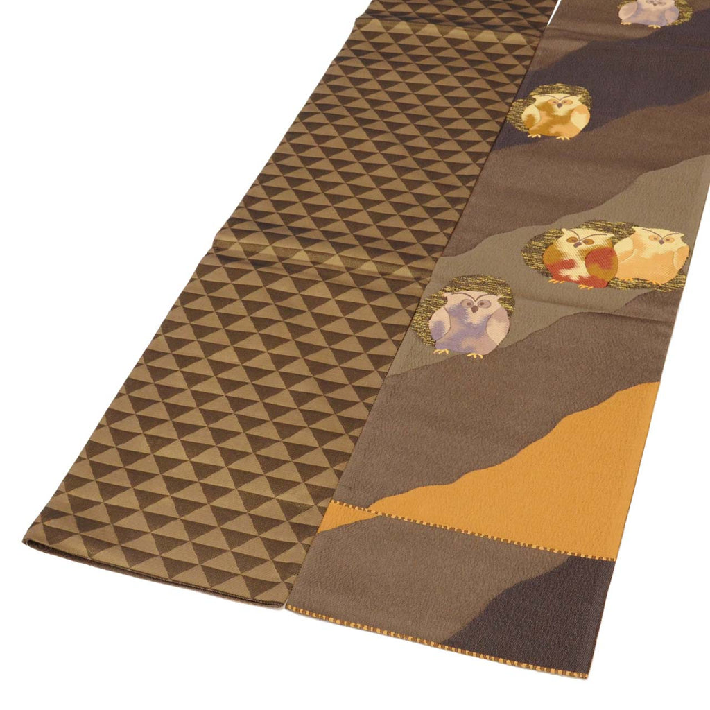 Vintage Japanese Obi | Sha-re Fukuro Obi | Brown Silk | Owl Pattern | Nishijin Nagi-ori Certified | Otaiko | Sustainable | uu0752b
