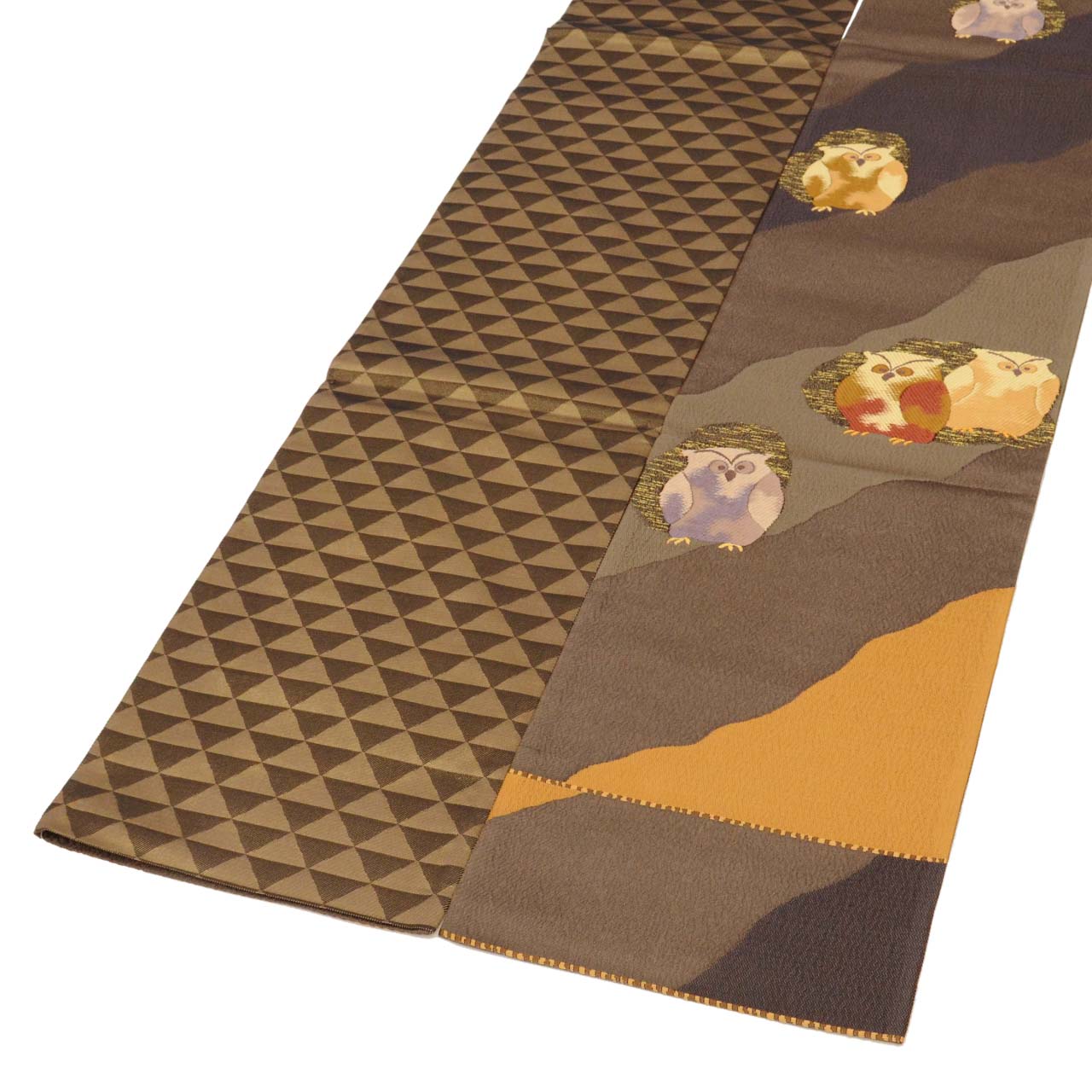 Vintage Japanese Obi | Sha-re Fukuro Obi | Brown Silk | Owl Pattern | Nishijin Nagi-ori Certified | Otaiko | Sustainable | uu0752b
