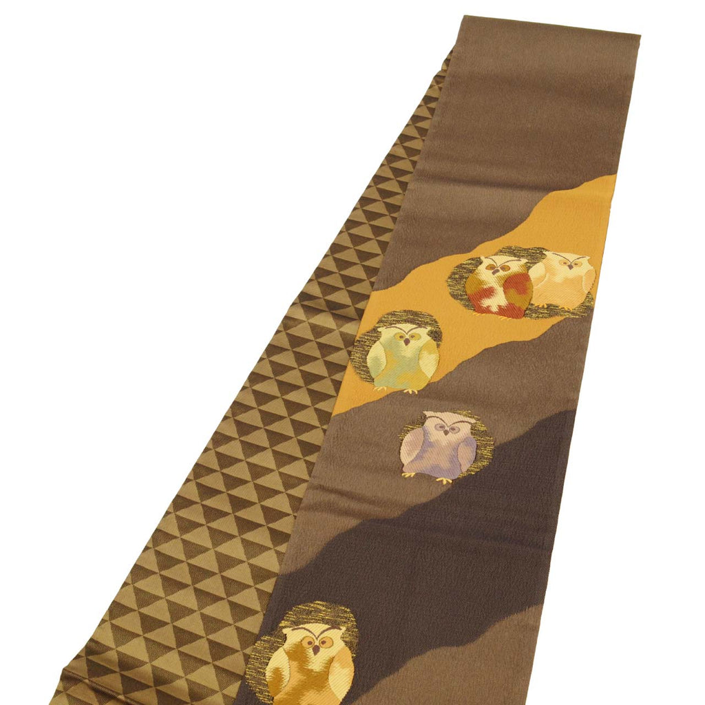 Vintage Japanese Obi | Sha-re Fukuro Obi | Brown Silk | Owl Pattern | Nishijin Nagi-ori Certified | Otaiko | Sustainable | uu0752b