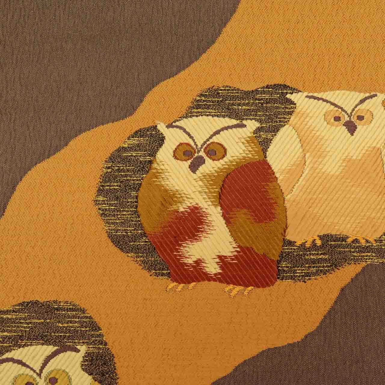 Vintage Japanese Obi | Sha-re Fukuro Obi | Brown Silk | Owl Pattern | Nishijin Nagi-ori Certified | Otaiko | Sustainable | uu0752b