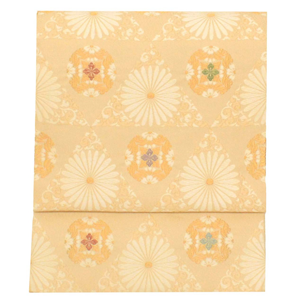 Vintage Japanese Obi | Fukuro Obi | Beige Silk | Chrysanthemum | Kara-ori Gold Thread | Sustainable | uu0757b