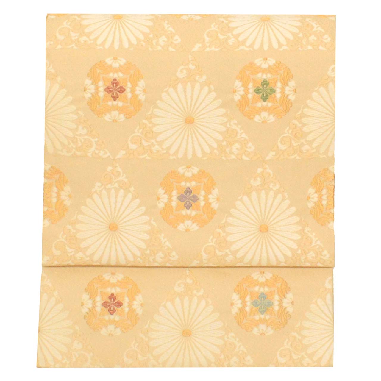 Vintage Japanese Obi | Fukuro Obi | Beige Silk | Chrysanthemum | Kara-ori Gold Thread | Sustainable | uu0757b