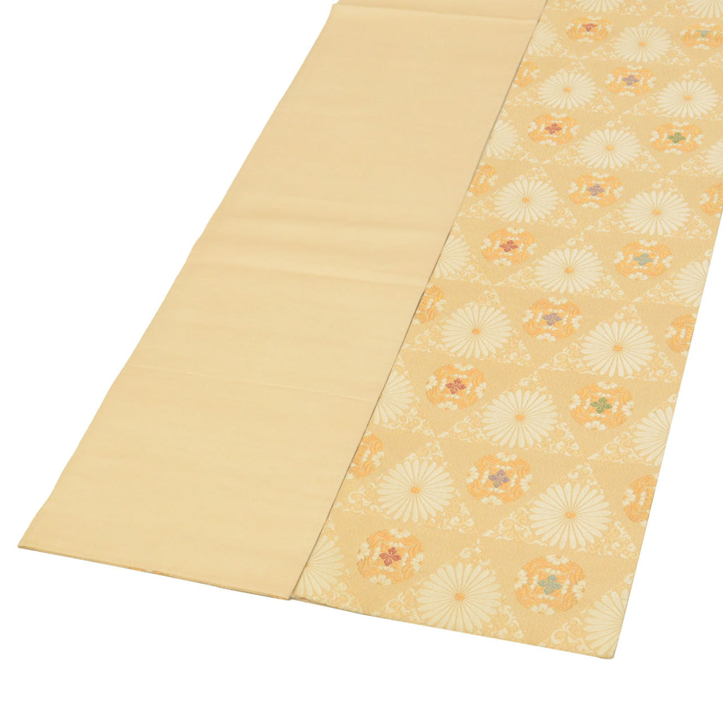 Vintage Japanese Obi | Fukuro Obi | Beige Silk | Chrysanthemum | Kara-ori Gold Thread | Sustainable | uu0757b