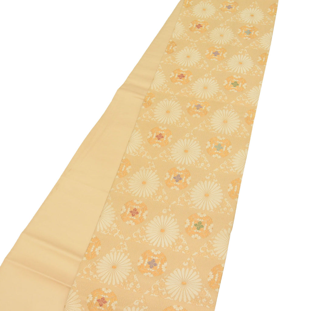 Vintage Japanese Obi | Fukuro Obi | Beige Silk | Chrysanthemum | Kara-ori Gold Thread | Sustainable | uu0757b