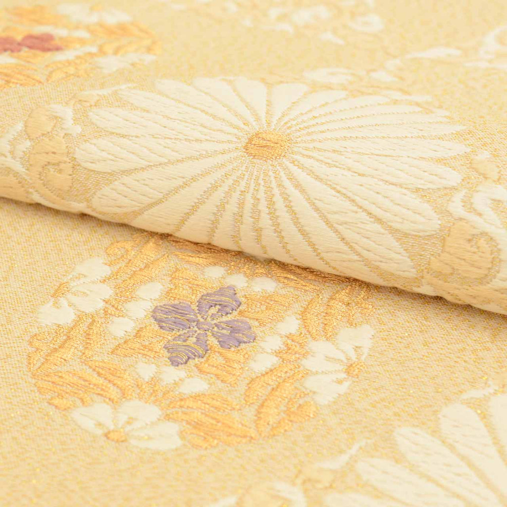 Vintage Japanese Obi | Fukuro Obi | Beige Silk | Chrysanthemum | Kara-ori Gold Thread | Sustainable | uu0757b