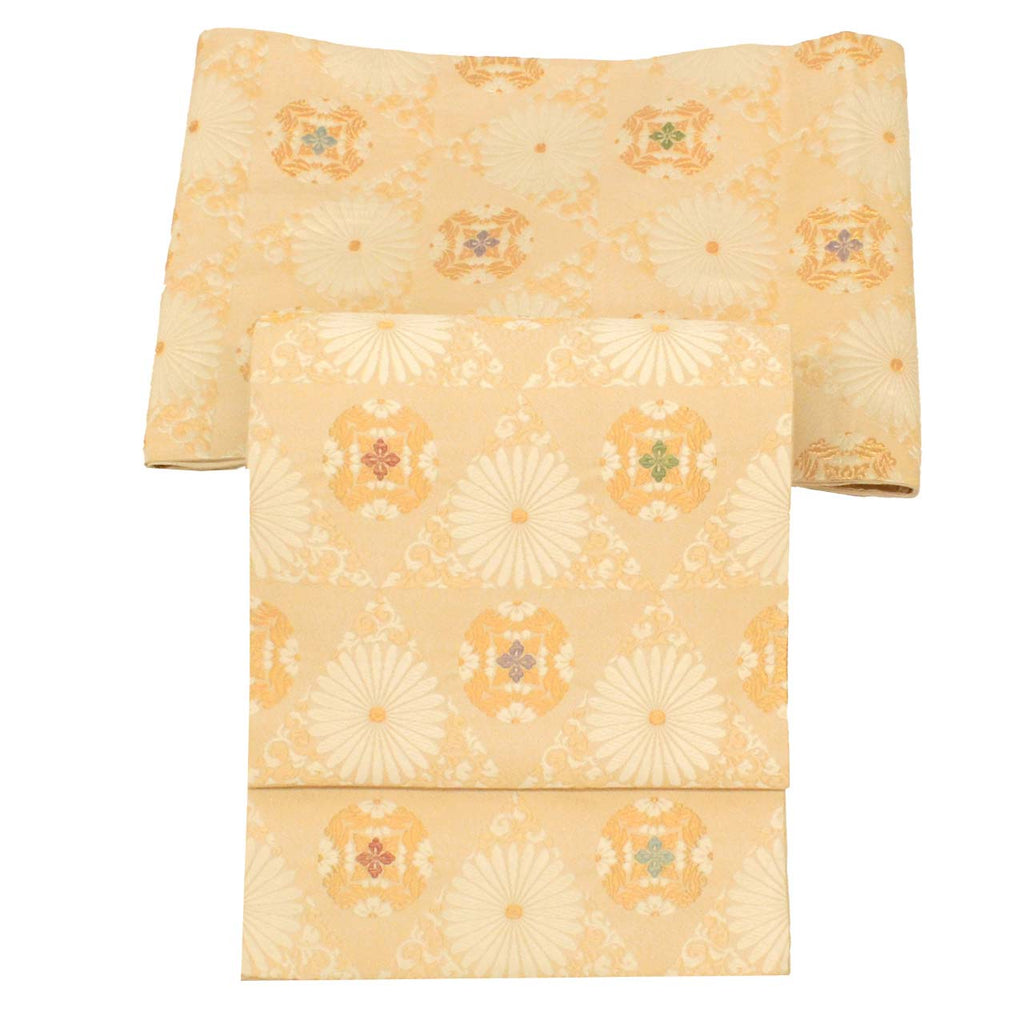 Vintage Japanese Obi | Fukuro Obi | Beige Silk | Chrysanthemum | Kara-ori Gold Thread | Sustainable | uu0757b