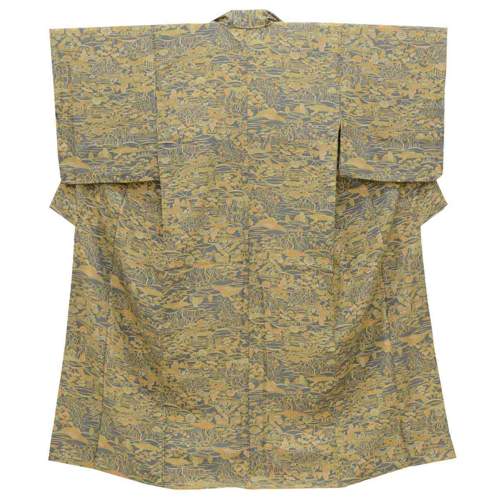[Used] Komon (small patterned) recycled kimono, pure silk, lined, length 155.0cm (61.0in), size S, sleeve length 65.7cm (25.9in), excellent condition, gray color, landscape pattern, high quality, semi-formal, spring, summer, autumn, winter, ready-made. 