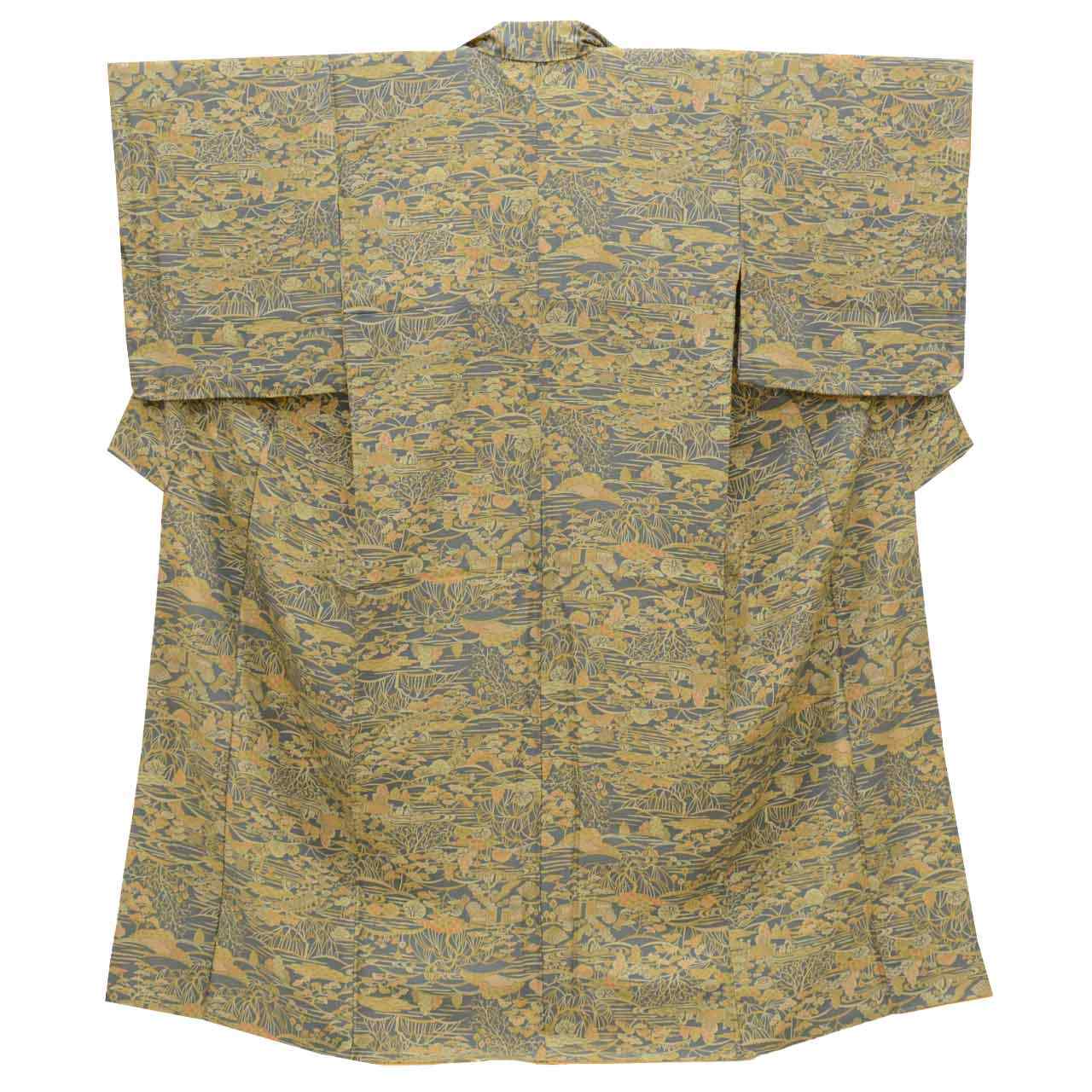 [Used] Komon (small patterned) recycled kimono, pure silk, lined, length 155.0cm (61.0in), size S, sleeve length 65.7cm (25.9in), excellent condition, gray color, landscape pattern, high quality, semi-formal, spring, summer, autumn, winter, ready-made. 