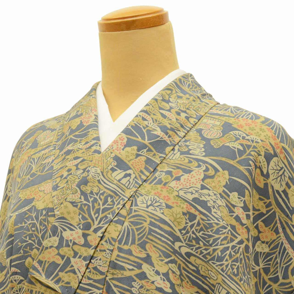 [Used] Komon (small patterned) recycled kimono, pure silk, lined, length 155.0cm (61.0in), size S, sleeve length 65.7cm (25.9in), excellent condition, gray color, landscape pattern, high quality, semi-formal, spring, summer, autumn, winter, ready-made. 