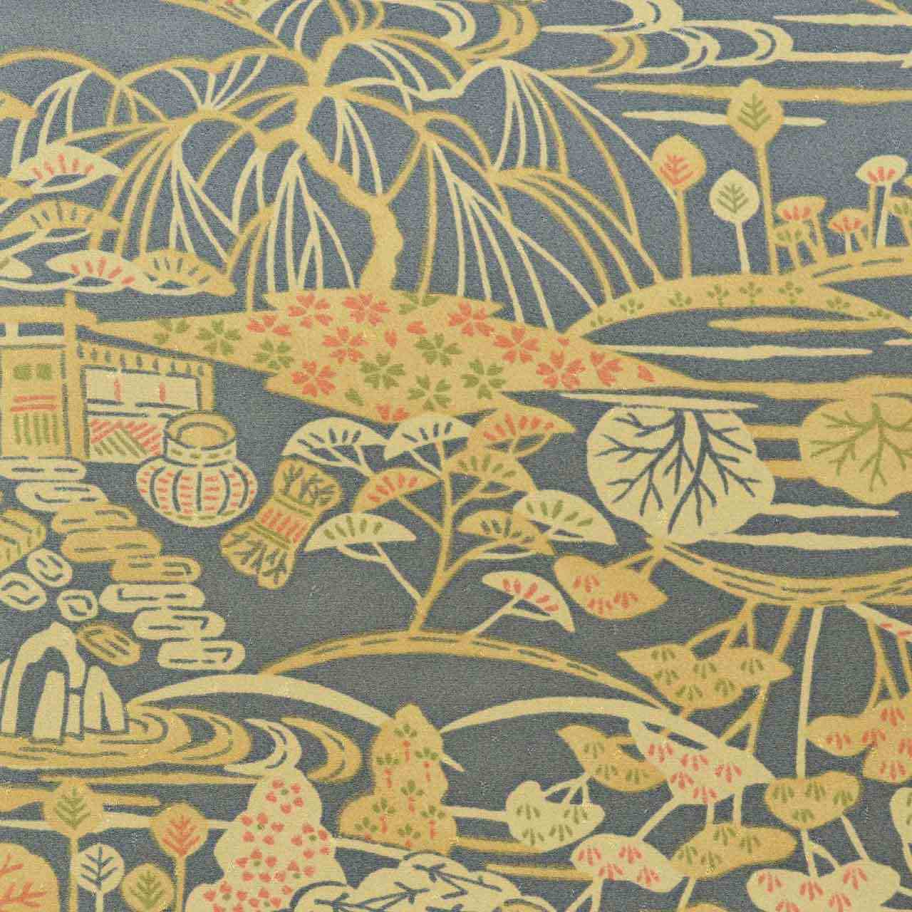 [Used] Komon (small patterned) recycled kimono, pure silk, lined, length 155.0cm (61.0in), size S, sleeve length 65.7cm (25.9in), excellent condition, gray color, landscape pattern, high quality, semi-formal, spring, summer, autumn, winter, ready-made. 