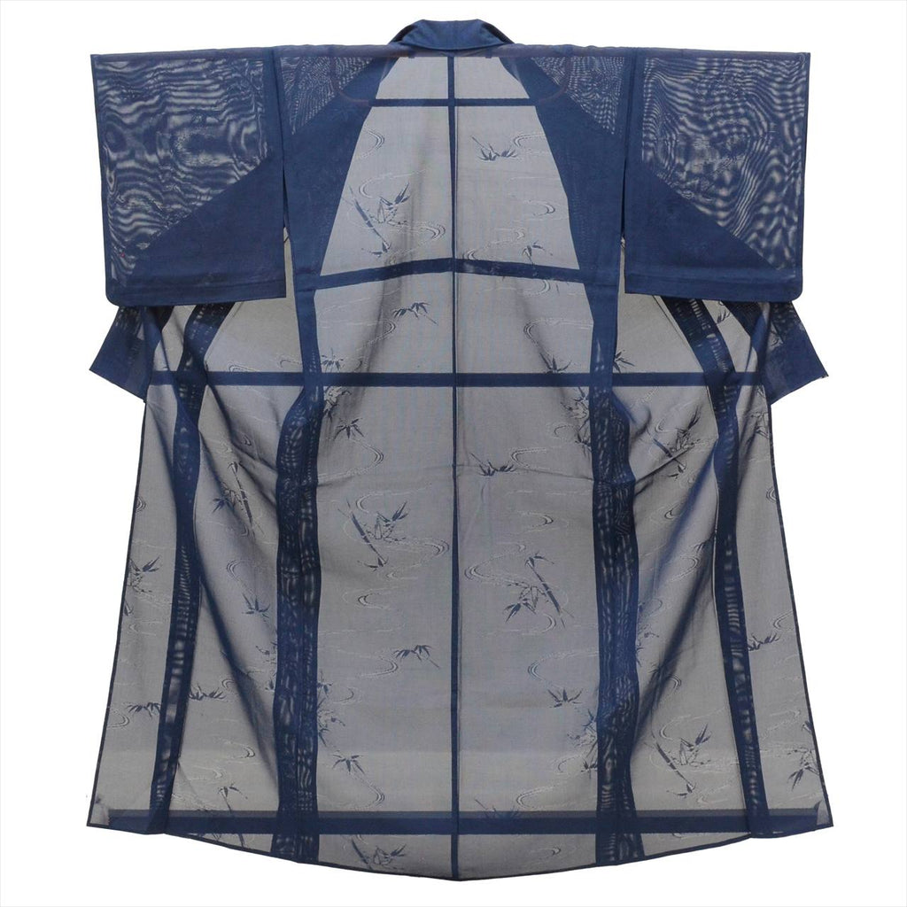 Vintage Japanese Kimono | Summer Iro-Muji | Navy Silk Ro | Stream Bamboo Ground Weave | Petite Size S | Sustainable | uu0783b