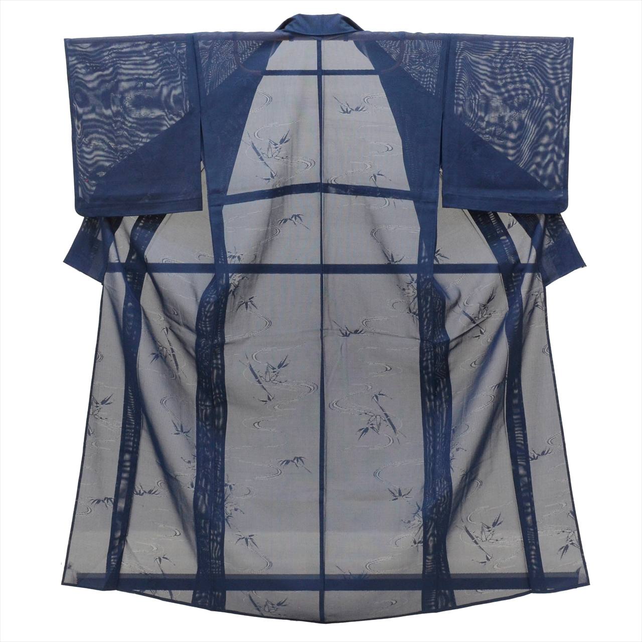 Vintage Japanese Kimono | Summer Iro-Muji | Navy Silk Ro | Stream Bamboo Ground Weave | Petite Size S | Sustainable | uu0783b