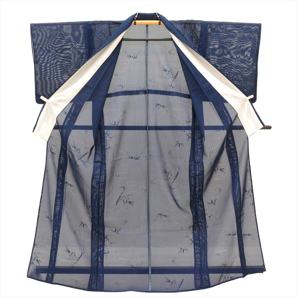 Vintage Japanese Kimono | Summer Iro-Muji | Navy Silk Ro | Stream Bamboo Ground Weave | Petite Size S | Sustainable | uu0783b