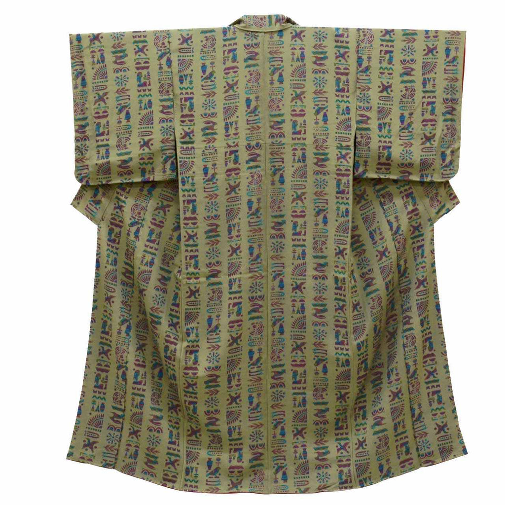 [Used] Komon (small patterned) recycled kimono, lined, pure silk, length 153.5cm (60.4in) (size S), sleeve length 65.7cm (25.9in), green tones, geometric pattern, high quality, semi-formal, spring, summer, autumn, winter, ready-made. 