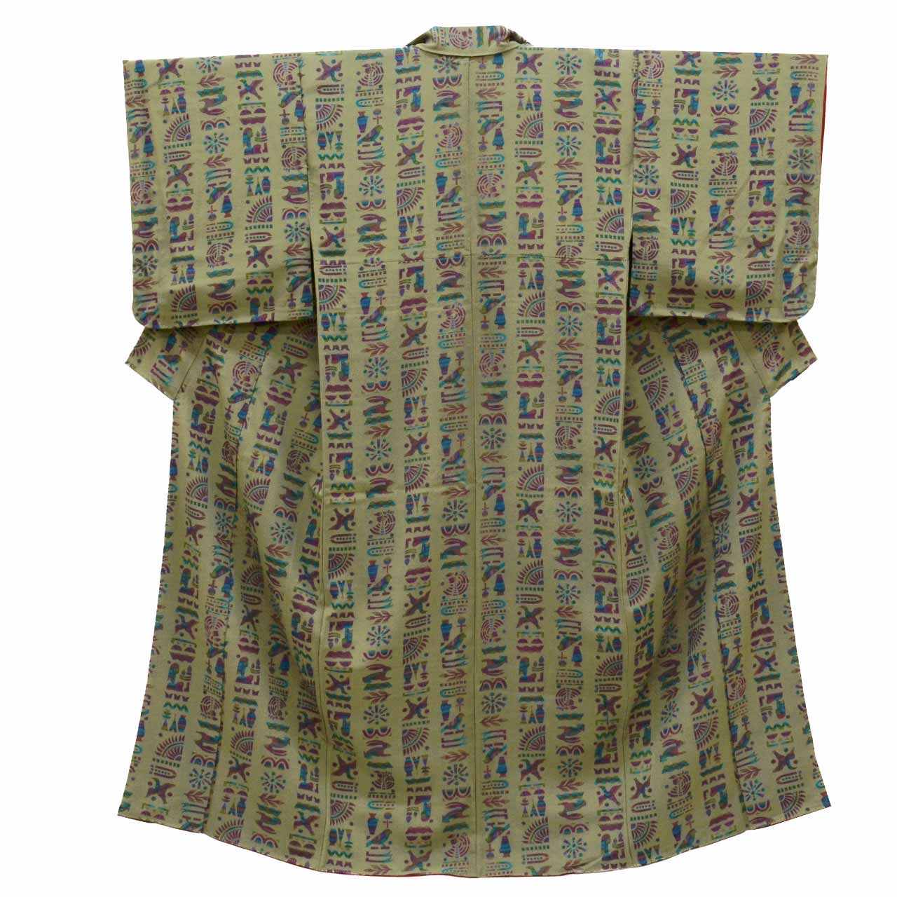 [Used] Komon (small patterned) recycled kimono, lined, pure silk, length 153.5cm (60.4in) (size S), sleeve length 65.7cm (25.9in), green tones, geometric pattern, high quality, semi-formal, spring, summer, autumn, winter, ready-made. 