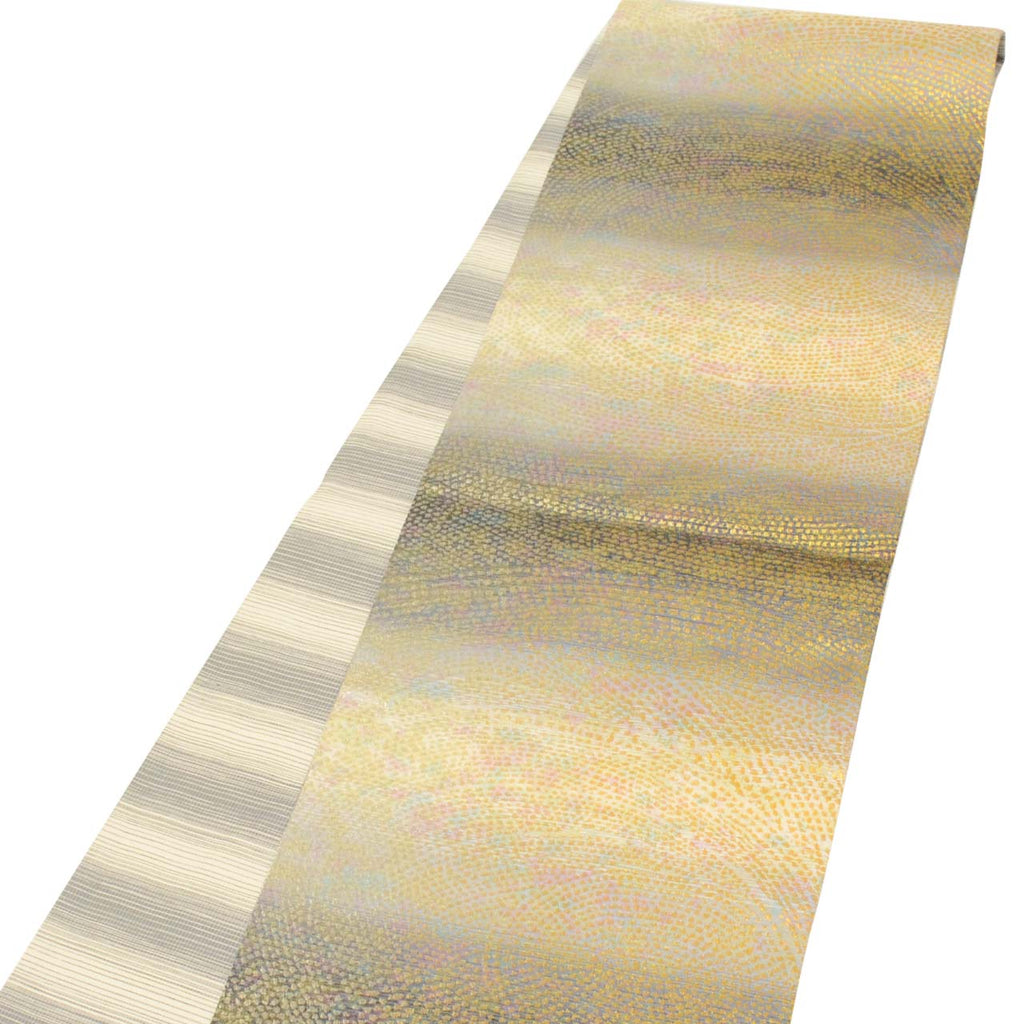 Vintage Japanese Obi | Fukuro Obi | Gray Silk | Whirlpool Pattern | Hikihaku Gold Silver Thread | Artist Signed | Sustainable | uu0829b