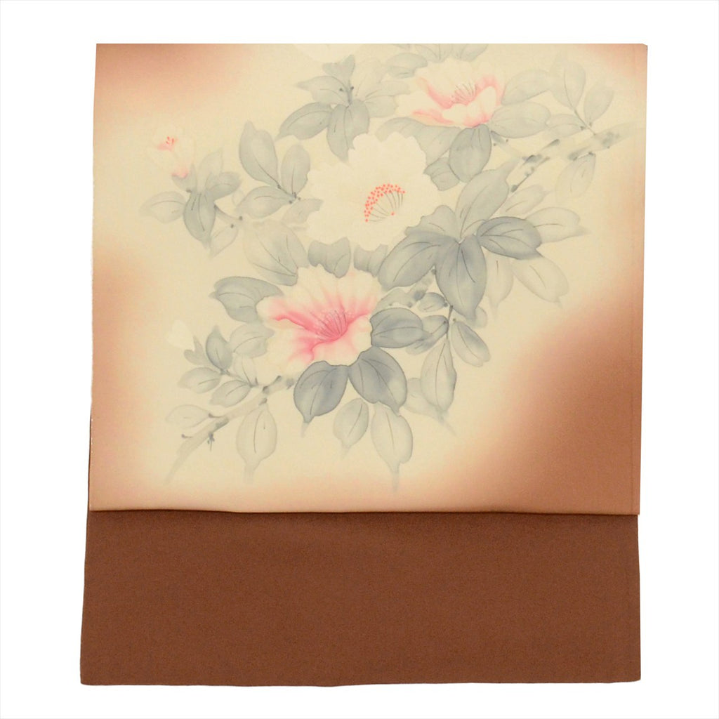 Vintage Japanese Obi | Nagoya Obi | Brown Silk Habutae | Floral | Dye-painted | Artist Signed Haruto | Sustainable | uu0842b