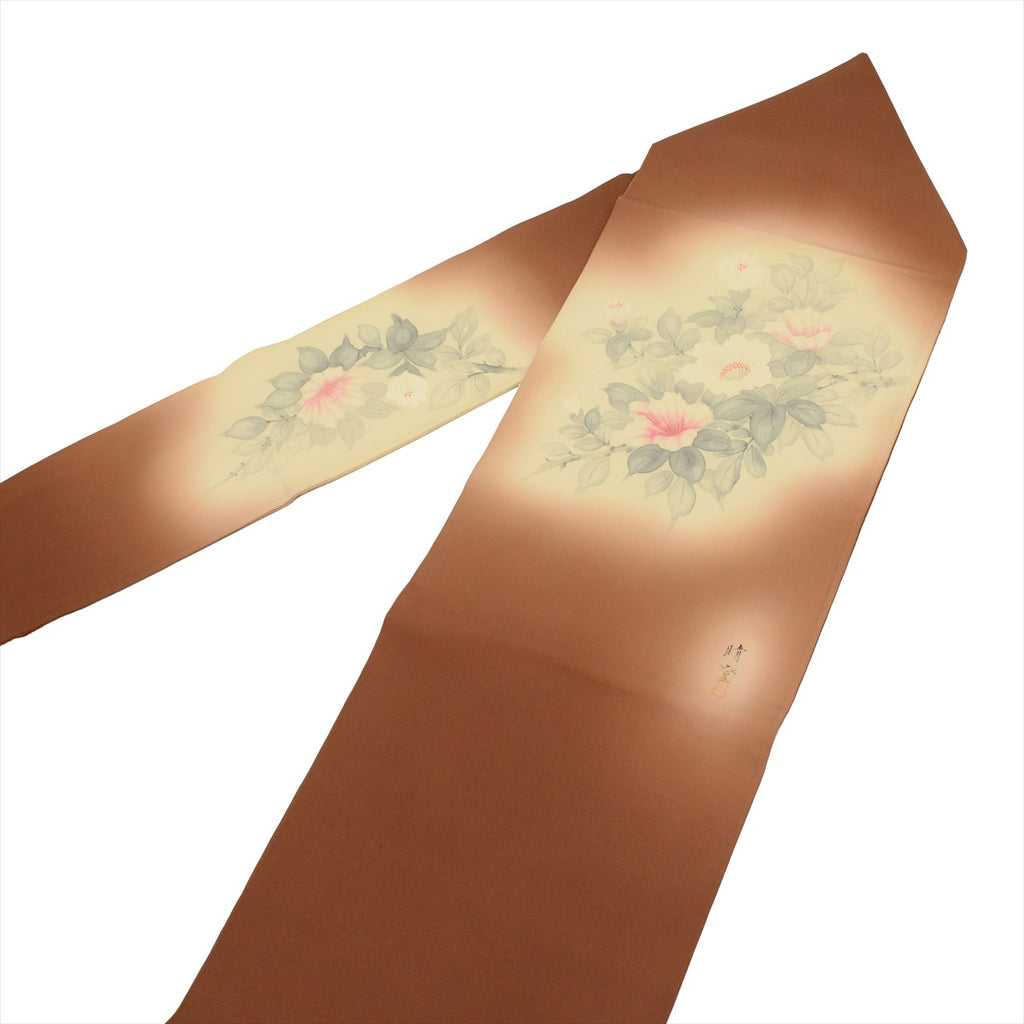 Vintage Japanese Obi | Nagoya Obi | Brown Silk Habutae | Floral | Dye-painted | Artist Signed Haruto | Sustainable | uu0842b