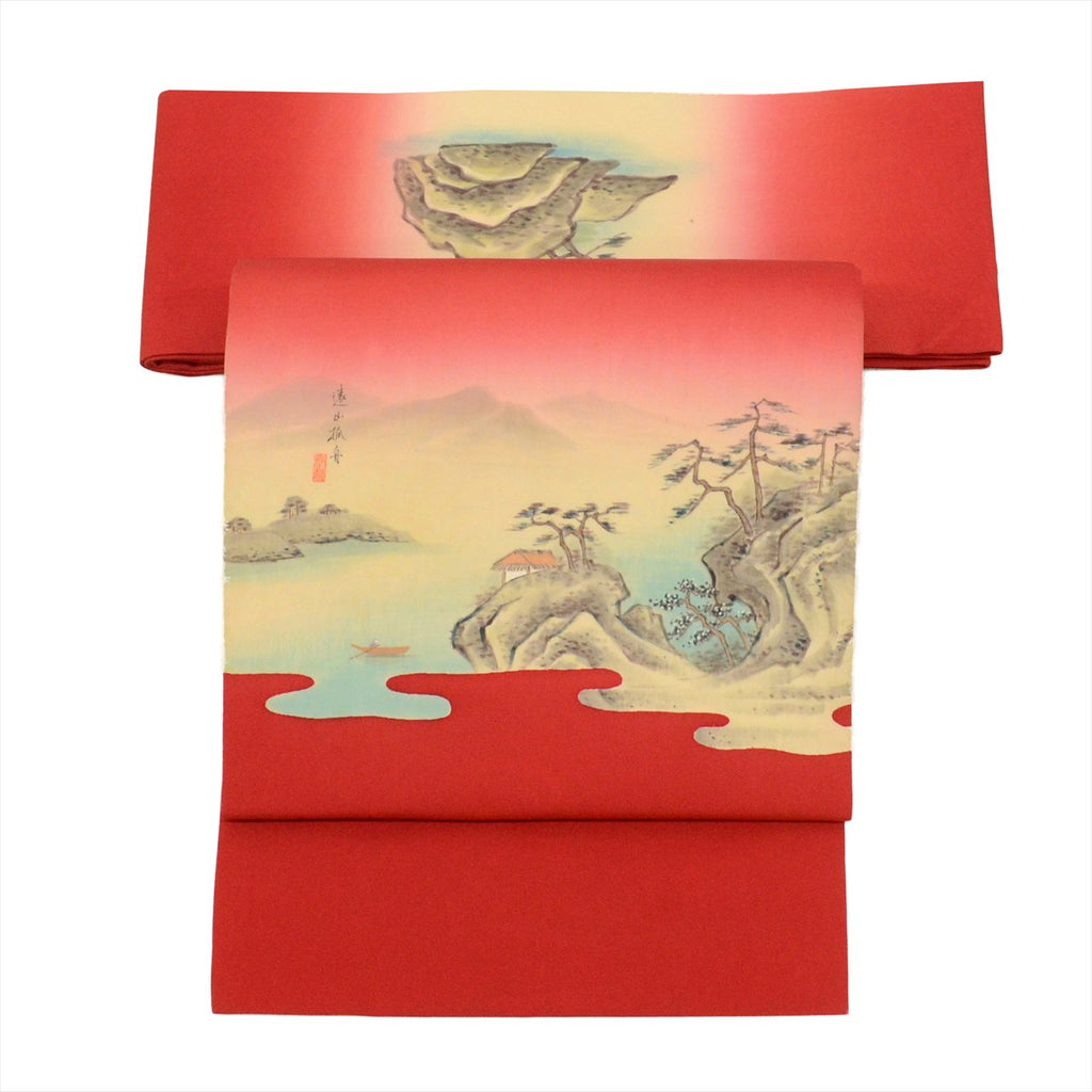 Vintage Japanese Obi | Nagoya Obi | Red Silk Habutae | Mountain Fox Boat Pattern | Dye-painted | Sustainable | uu0846b