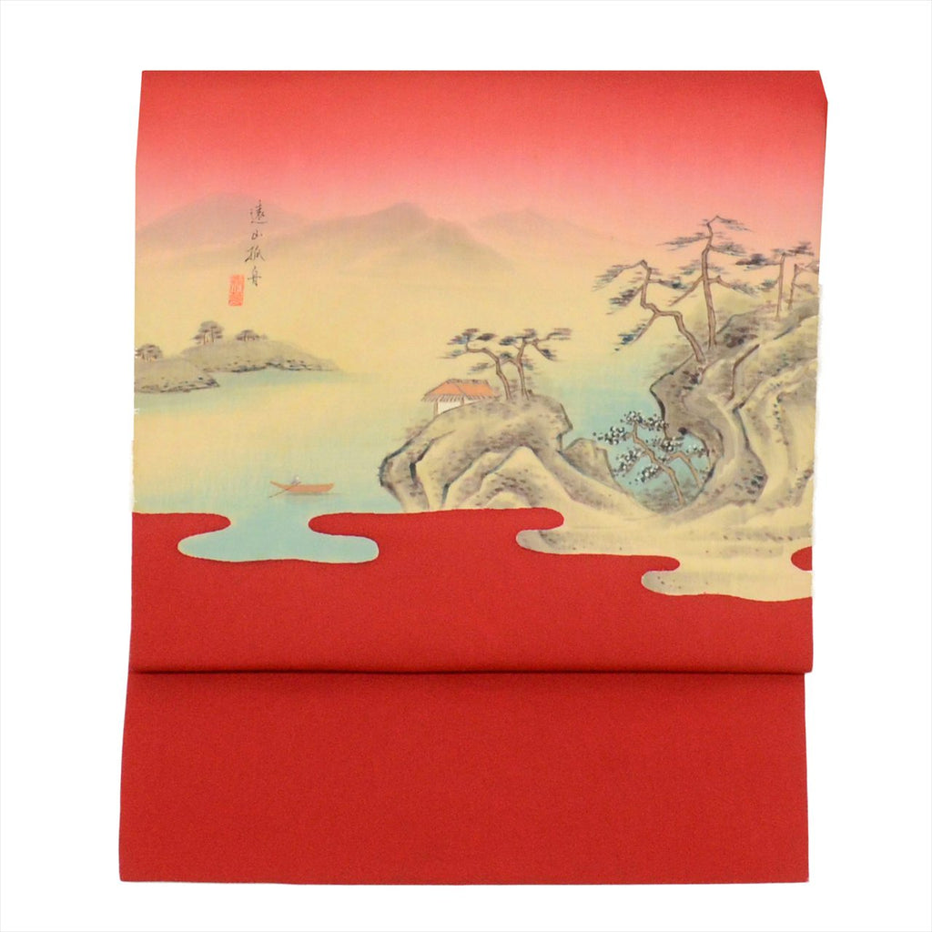Vintage Japanese Obi | Nagoya Obi | Red Silk Habutae | Mountain Fox Boat Pattern | Dye-painted | Sustainable | uu0846b