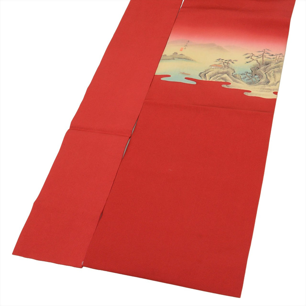 Vintage Japanese Obi | Nagoya Obi | Red Silk Habutae | Mountain Fox Boat Pattern | Dye-painted | Sustainable | uu0846b