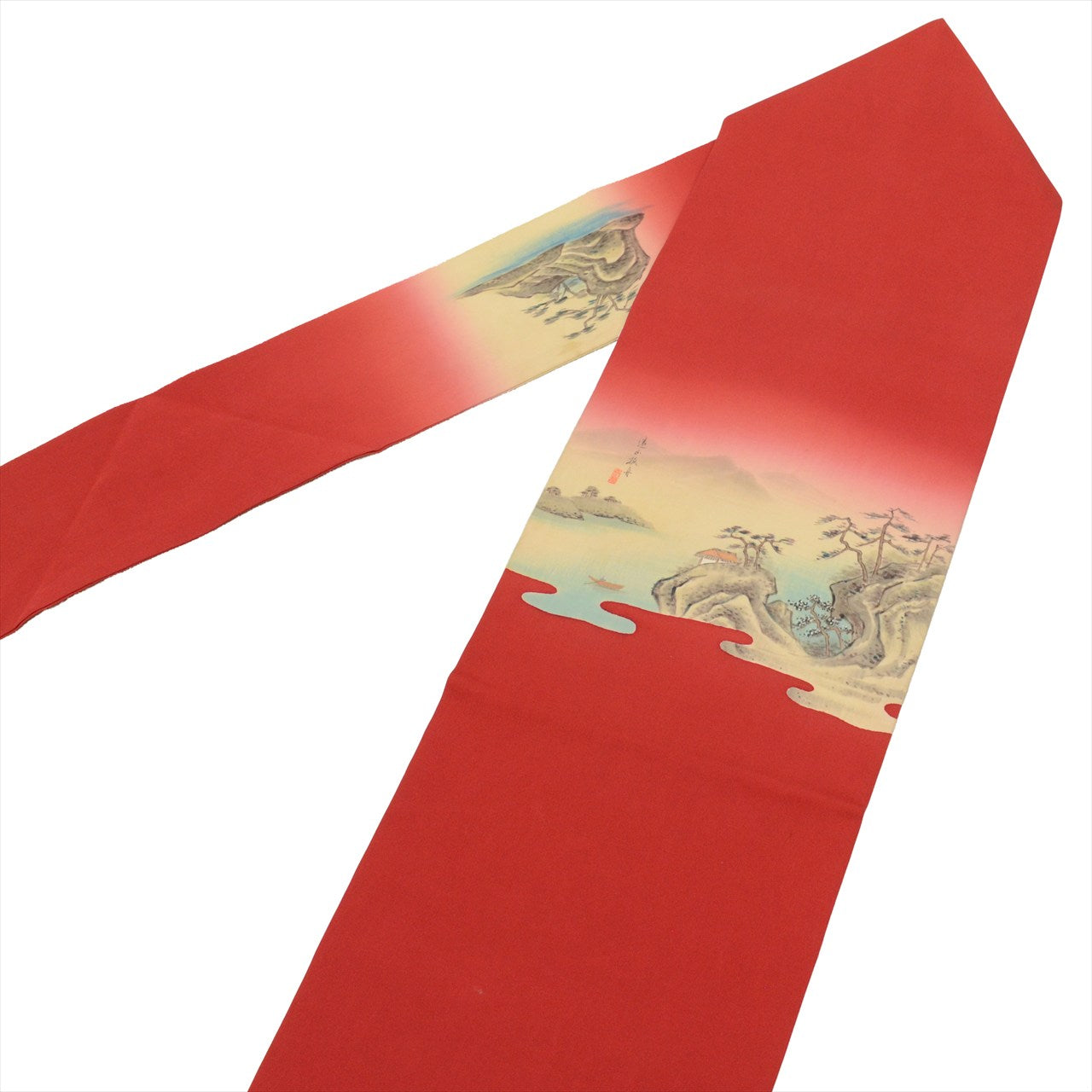 Vintage Japanese Obi | Nagoya Obi | Red Silk Habutae | Mountain Fox Boat Pattern | Dye-painted | Sustainable | uu0846b