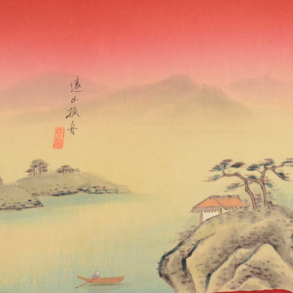 Vintage Japanese Obi | Nagoya Obi | Red Silk Habutae | Mountain Fox Boat Pattern | Dye-painted | Sustainable | uu0846b