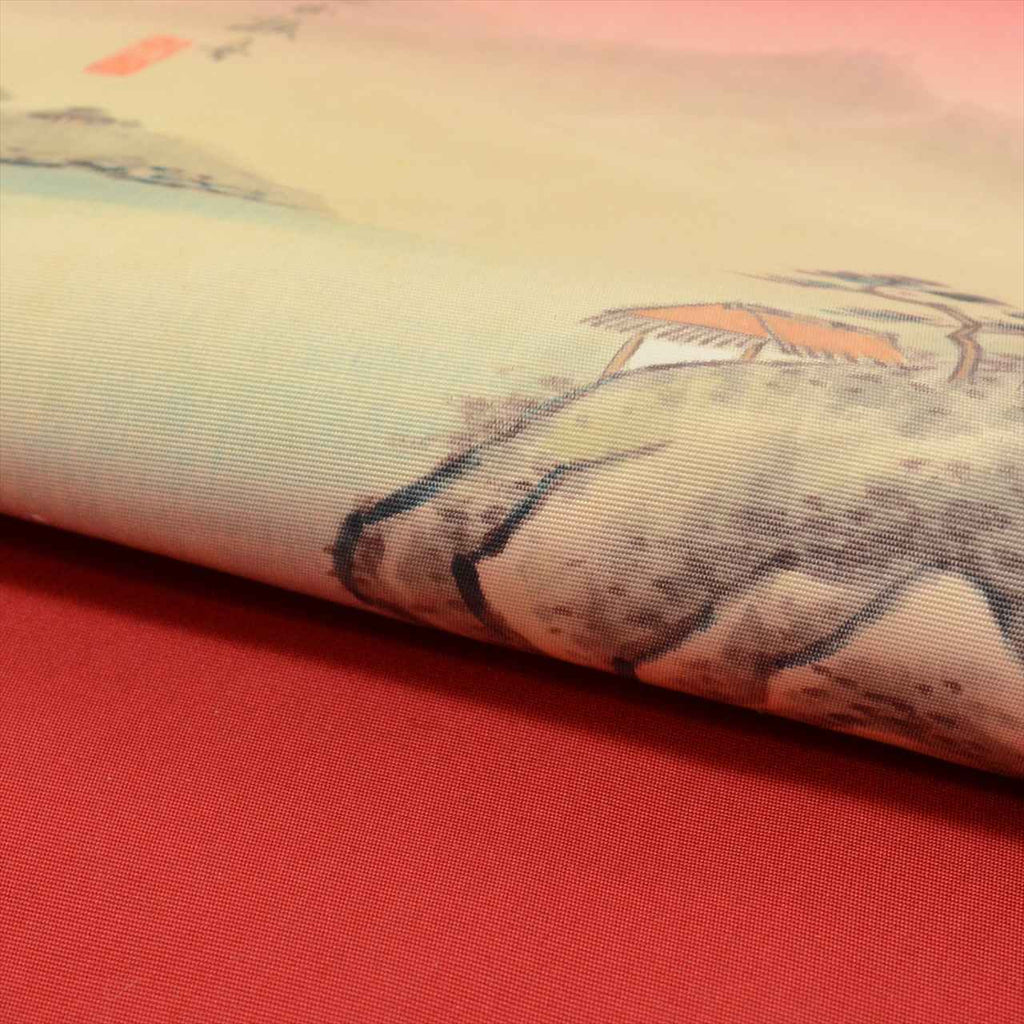 Vintage Japanese Obi | Nagoya Obi | Red Silk Habutae | Mountain Fox Boat Pattern | Dye-painted | Sustainable | uu0846b