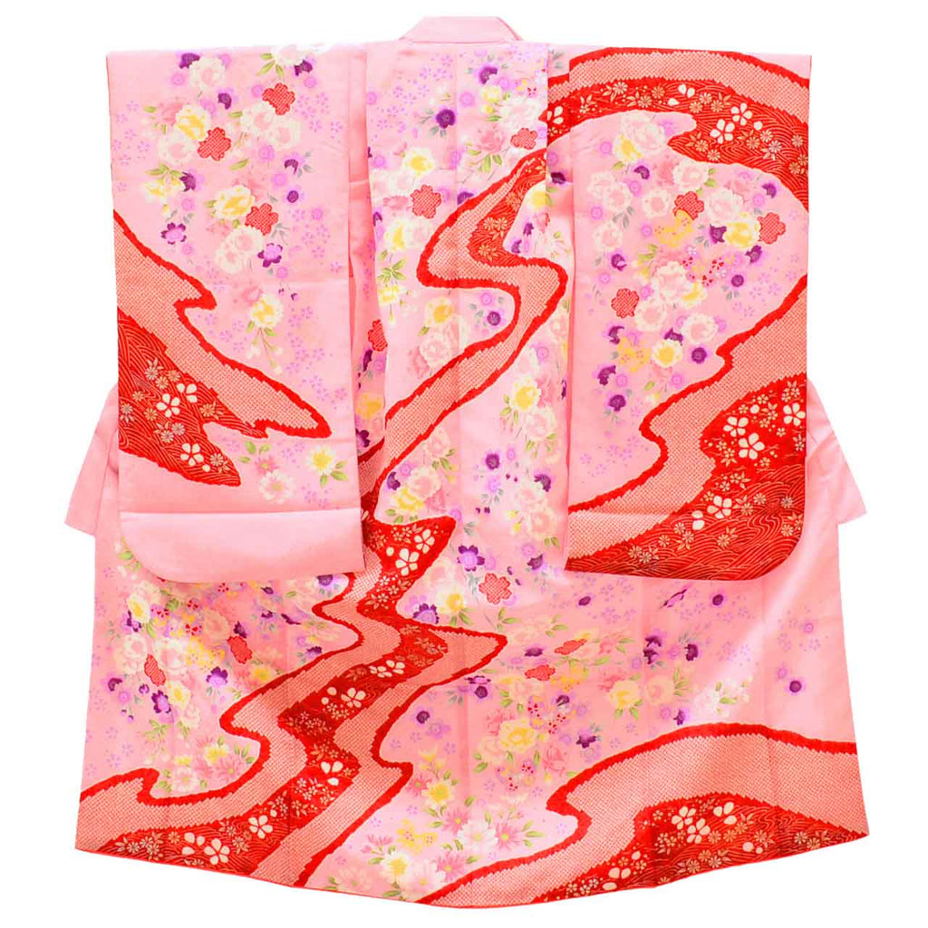 [Used] Recycled Shichi-Go-San (7-year-old girl's kimono) made of synthetic fiber, with layered collar, ready-made, length 130.5cm (51.4in), sleeve length 49.5cm (19.5in), pink color with floral pattern, celebratory garment, Japanese pattern uu0865b 