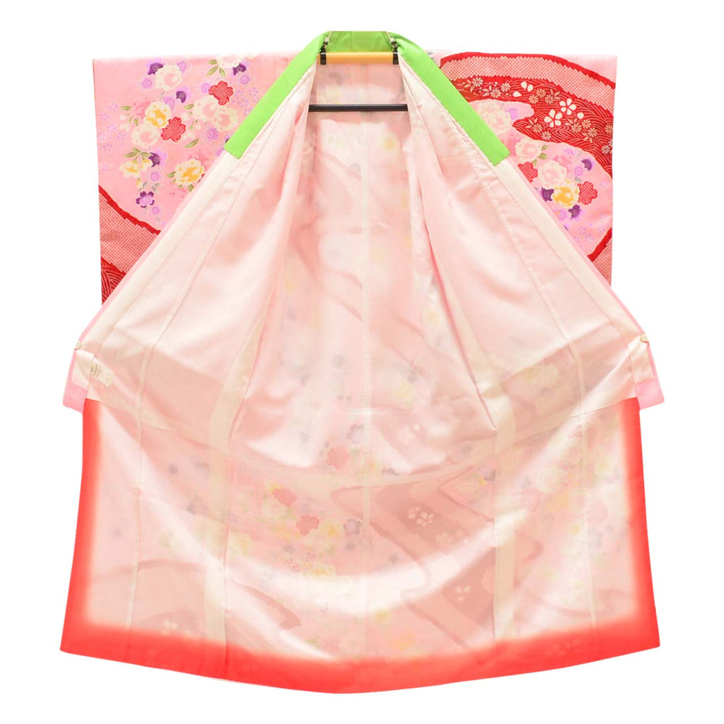 [Used] Recycled Shichi-Go-San (7-year-old girl's kimono) made of synthetic fiber, with layered collar, ready-made, length 130.5cm (51.4in), sleeve length 49.5cm (19.5in), pink color with floral pattern, celebratory garment, Japanese pattern uu0865b 
