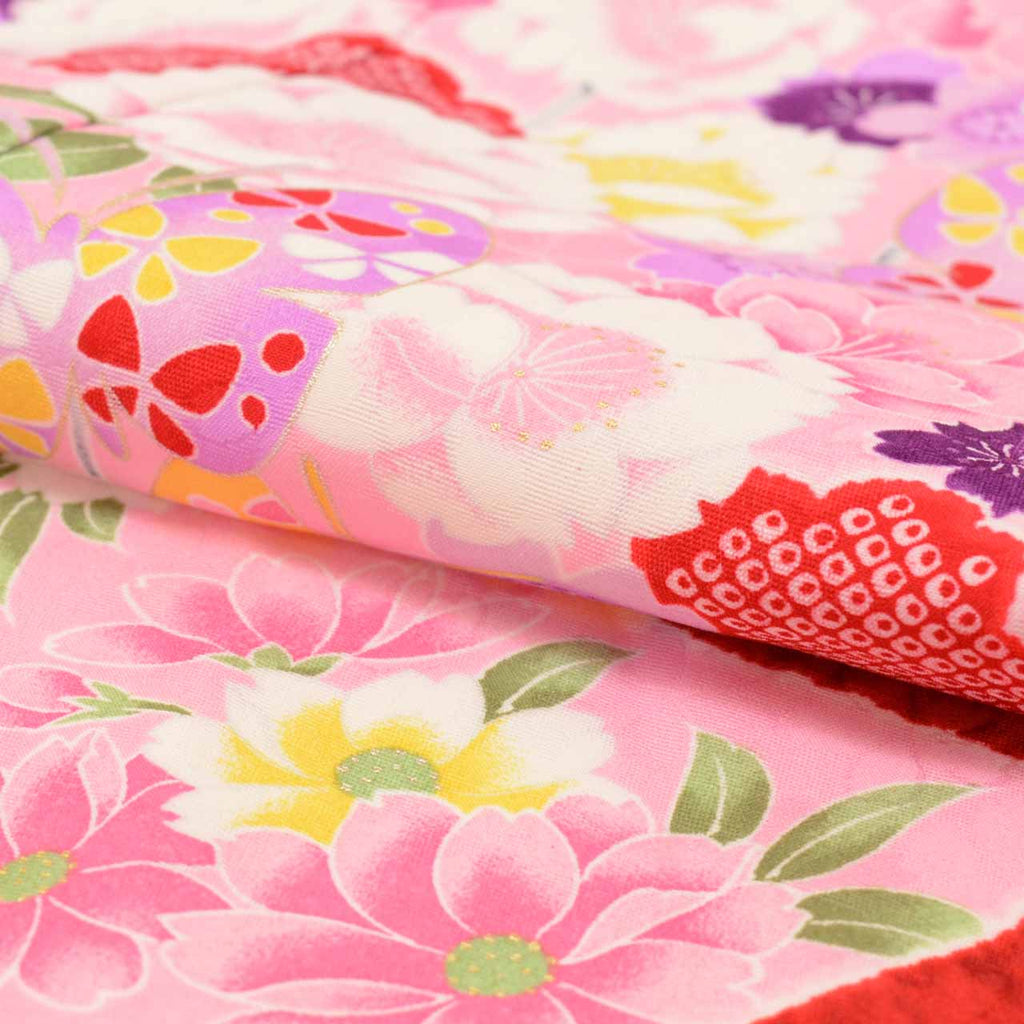 [Used] Recycled Shichi-Go-San (7-year-old girl's kimono) made of synthetic fiber, with layered collar, ready-made, length 130.5cm (51.4in), sleeve length 49.5cm (19.5in), pink color with floral pattern, celebratory garment, Japanese pattern uu0865b 