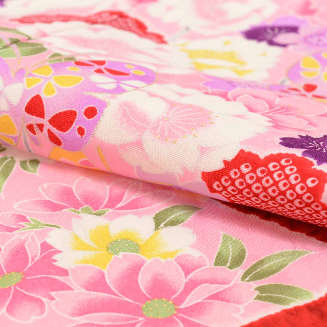 [Used] Recycled Shichi-Go-San (7-year-old girl's kimono) made of synthetic fiber, with layered collar, ready-made, length 130.5cm (51.4in), sleeve length 49.5cm (19.5in), pink color with floral pattern, celebratory garment, Japanese pattern uu0865b 