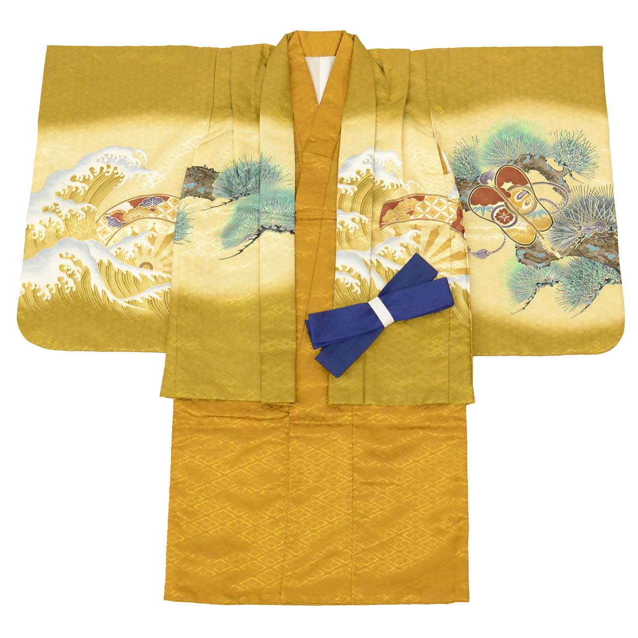 [Used] Recycled Shichi-Go-San Boy's 5-Year-Old Kimono and Haori Set (2 pieces) - Synthetic Fiber - Excellent Condition - Ready-made - Length 89cm, Sleeve Length 46cm - Brown with Helmet Pattern and Gold Embroidery - Traditional Japanese Style - uu0867b 