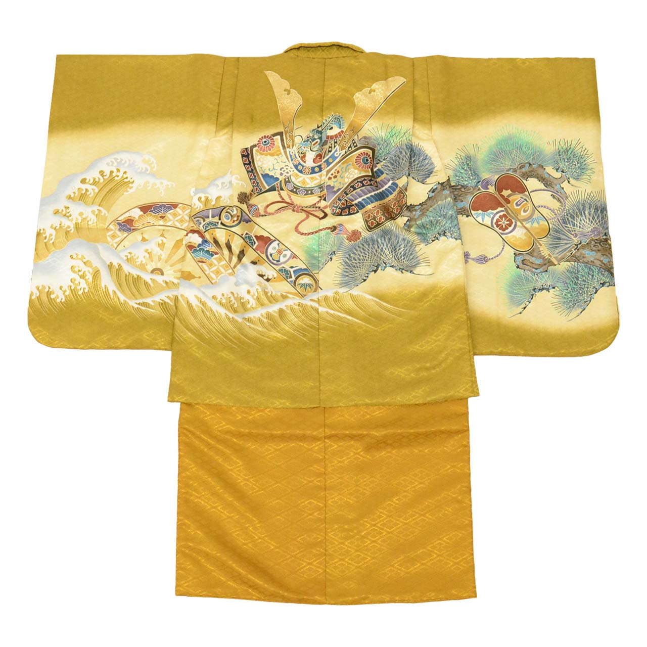 [Used] Recycled Shichi-Go-San Boy's 5-Year-Old Kimono and Haori Set (2 pieces) - Synthetic Fiber - Excellent Condition - Ready-made - Length 89cm, Sleeve Length 46cm - Brown with Helmet Pattern and Gold Embroidery - Traditional Japanese Style - uu0867b 