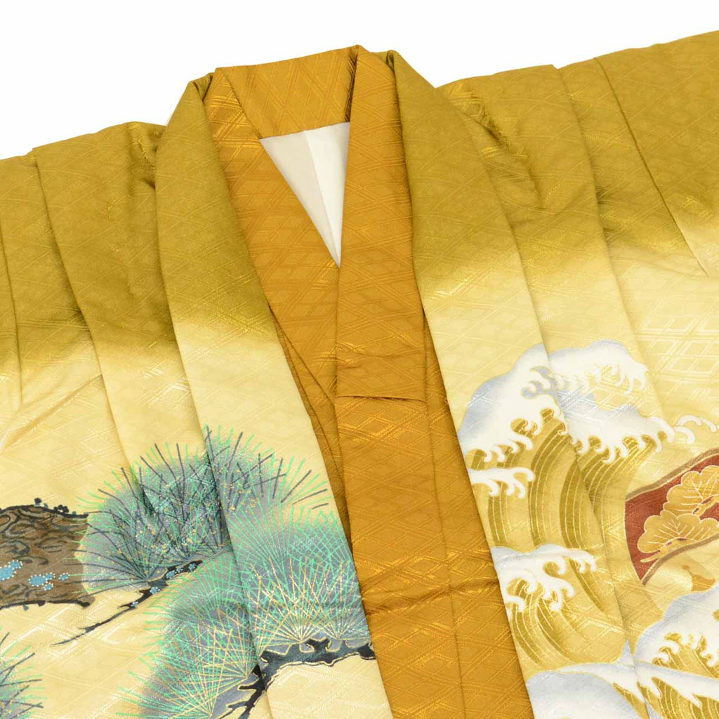 [Used] Recycled Shichi-Go-San Boy's 5-Year-Old Kimono and Haori Set (2 pieces) - Synthetic Fiber - Excellent Condition - Ready-made - Length 89cm, Sleeve Length 46cm - Brown with Helmet Pattern and Gold Embroidery - Traditional Japanese Style - uu0867b 