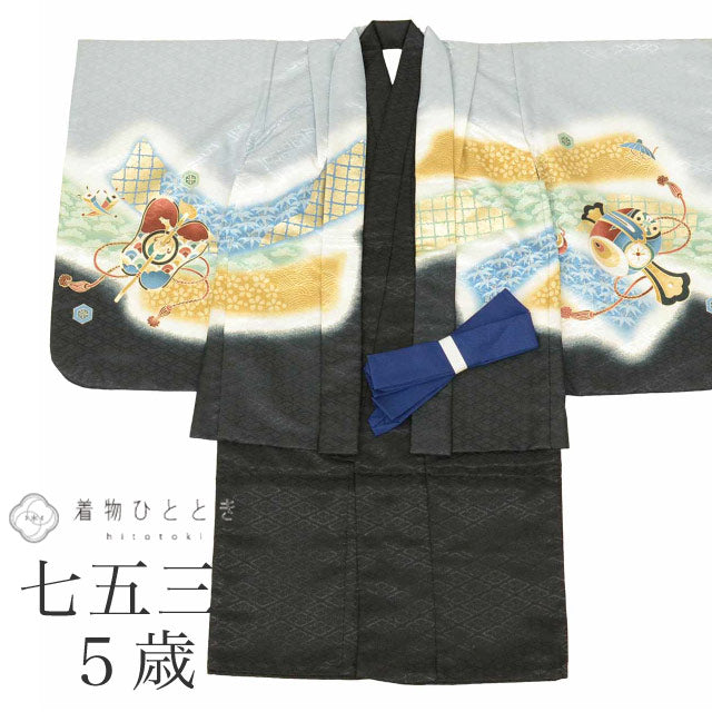 【中古】 リサイクル着物 七五三 男の子 5歳 2点セット 化繊 着物 羽織 美品 仕立て上がり 裄丈46cm 身丈89cm 黒色系 鷹 刺繍 金糸 和柄 和装 uu0873b