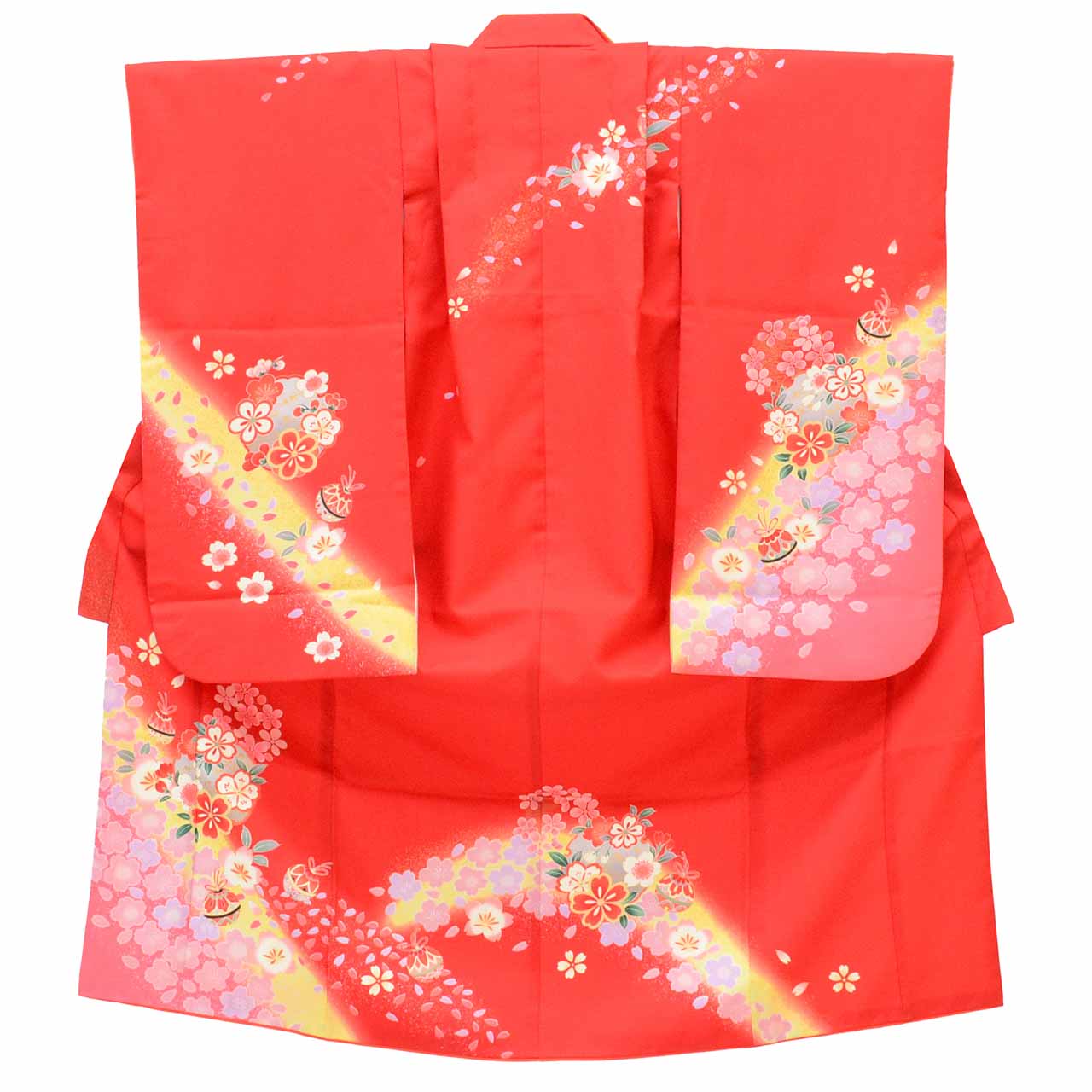 [Used] Recycled Kimono for Girls, 7 Years Old, Shichi-Go-San Ceremony, Synthetic Fiber, with Layered Collar, Ready-Made, Sleeve Length 50.0cm (19.7in), Body Length 133.0cm (52.4in), Red, Bell Pattern, Celebration Wear, Traditional Japanese Pattern uu0887b 