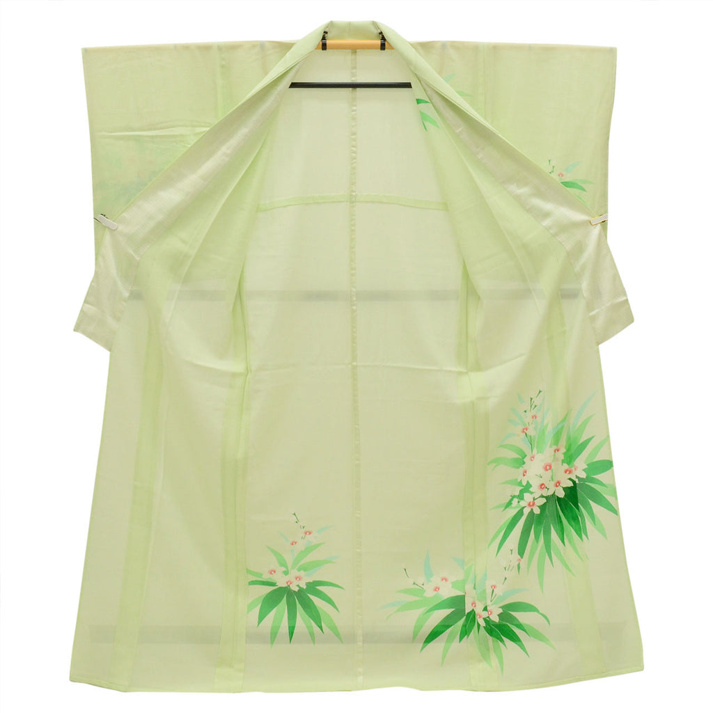 Vintage Japanese Kimono | Summer Tsukesage-Houmongi | Green Silk Ro | Floral | Unused | Size M | Sustainable | uu0904b