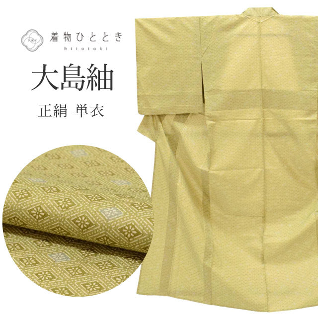 【中古】 リサイクル 大島紬 正絹 単衣 身丈155.5cm S 裄63.5cm 染め大島 美品 仕立て上がり リサイクル着物 緑色系 花菱文様 uu0911b
