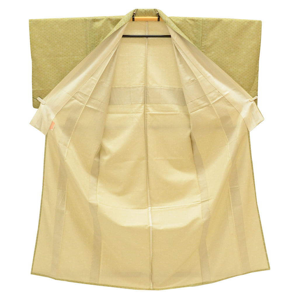 [Used] Recycled Oshima Tsumugi Silk Kimono, Single Layer, Length 155.5cm (61.2in) (Size S), Sleeve Length 63.5cm (25.0in), Dyed Oshima, Excellent Condition, Ready-Made, Recycled Kimono, Green with Floral Diamond Pattern, uu0911b 