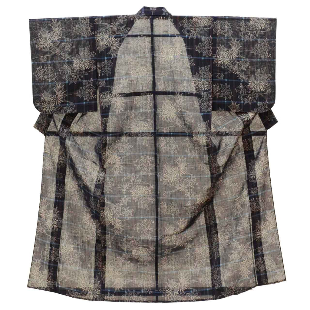 Vintage Japanese Kimono | Summer Tsumugi | Navy Silk | Floral Pattern | Petite Size S | Sustainable | uu0912b