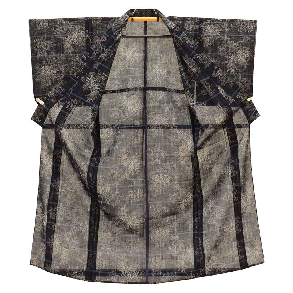 Vintage Japanese Kimono | Summer Tsumugi | Navy Silk | Floral Pattern | Petite Size S | Sustainable | uu0912b