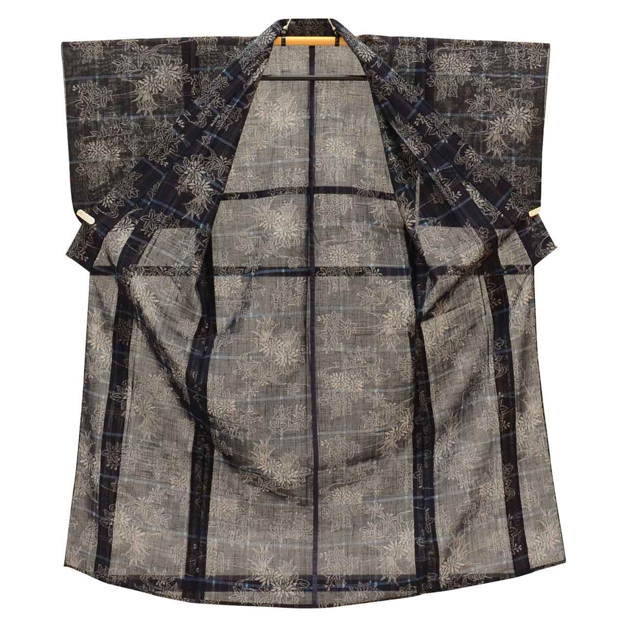 Vintage Japanese Kimono | Summer Tsumugi | Navy Silk | Floral Pattern | Petite Size S | Sustainable | uu0912b